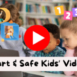 Colorful thumbnail with cartoon kids, books, and a tablet showing ABCs, promoting free and safe learning videos for kids.