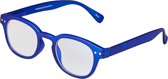 Bright blue children’s eyeglasses with clear lenses and round frames, shown against a plain white background. The arms curve gently and feature small silver accent dots near the hinges.