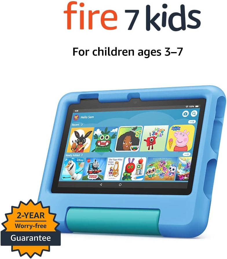 A blue, kid-friendly Amazon Fire 7 Kids tablet is shown with a thick protective case. The screen displays colourful children’s apps and characters, such as Peppa Pig and Disney content. Text above reads “fire 7 kids – For children ages 3–7.” A badge in the corner advertises a “2-year worry-free guarantee.”