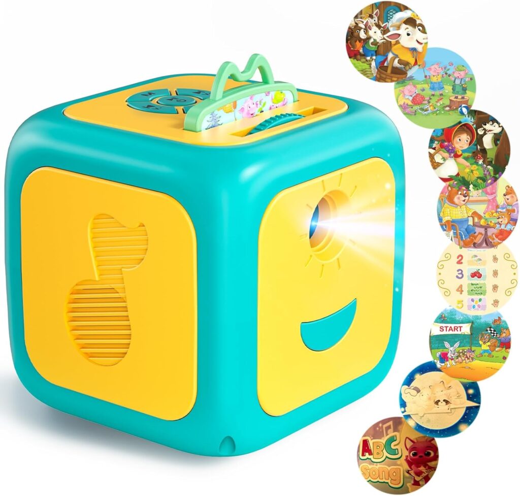 A colorful interactive learning toy in the shape of a cube, featuring a smiling face on one side. The cube is primarily turquoise and yellow, with various buttons and a slot on top. Surrounding the cube are circular cards depicting different educational themes, including animals, numbers, and songs.