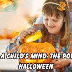 A smiling child carving a glowing pumpkin with the help of an adult during Halloween, symbolizing creativity, imagination, and bonding.