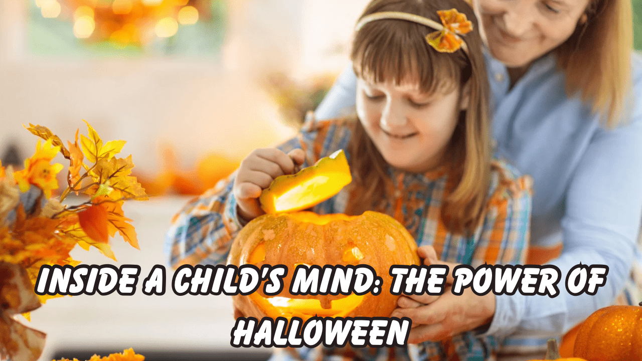 A smiling child carving a glowing pumpkin with the help of an adult during Halloween, symbolizing creativity, imagination, and bonding.