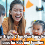 A joyful mother and her children sit around a table decorated with Halloween crafts and small pumpkin buckets, laughing and enjoying creative activities together in a bright, festive room filled with colorful paper bats and decorations.