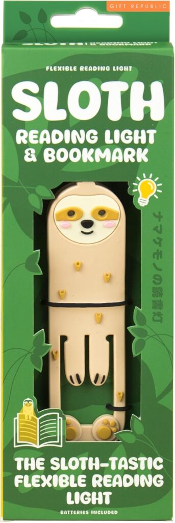 Green packaging for a “Sloth Reading Light & Bookmark” by Gift Republic. The box has a clear window showing a beige sloth-shaped flexible reading light with a smiling face, rosy cheeks, and long arms. Text on the box reads “The sloth-tastic flexible reading light” and “Batteries included,” with leaf and light bulb illustrations decorating the design.