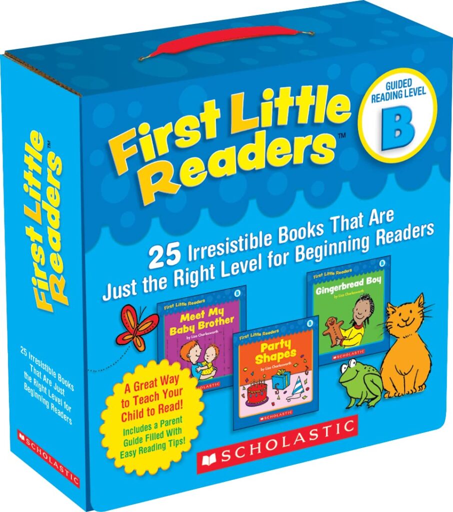 Blue box set of “First Little Readers: Guided Reading Level B” by Scholastic. The box advertises “25 irresistible books that are just the right level for beginning readers.” Three sample book covers are shown: Meet My Baby Brother, Party Shapes, and Gingerbread Boy. A butterfly, frog, and orange cat illustrations appear near the covers. Text on the box also says, “A great way to teach your child to read! Includes a parent guide filled with easy reading tips!”