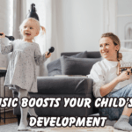 A smiling toddler shakes musical instruments while a parent plays a xylophone beside her in a cozy living room, illustrating how music and rhythm support early speech development.