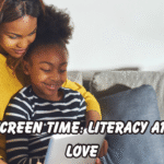 A smiling mother and daughter sit together on a couch, happily looking at a tablet screen. The mother wears a yellow sweater and the daughter wears a black-and-white striped shirt. Overlay text reads, “Smart Screen Time: Literacy Apps Kids Love.”