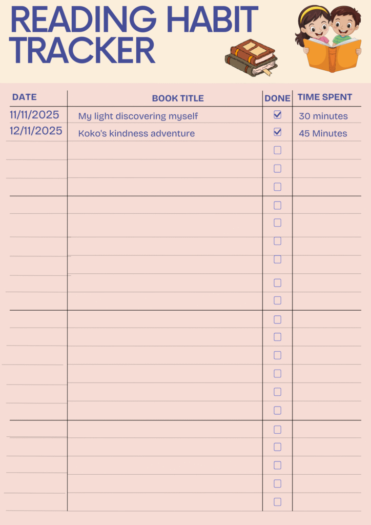 A reading habit tracker template with columns for date, book title, a checkmark for completion, and time spent. The first two rows are filled in as examples.
