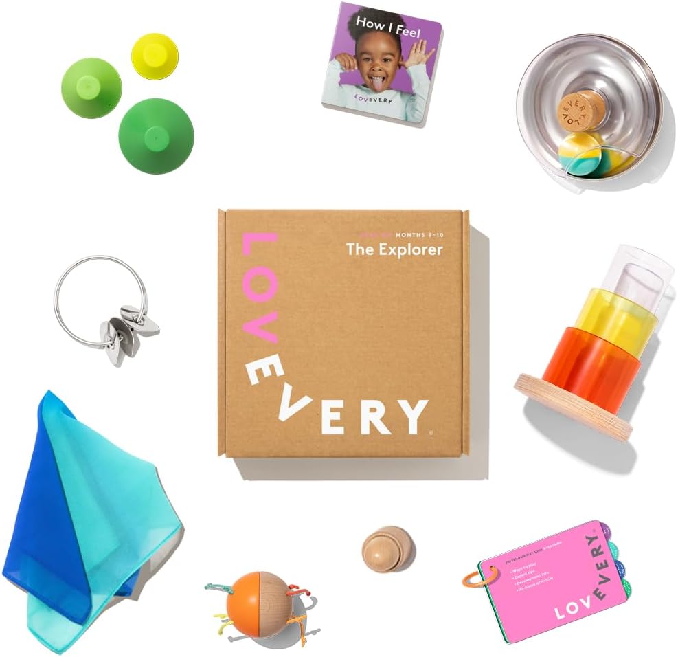 LOVEVERY, The Explorer Play Kit + Bonus Book, Baby Development Toys and Gift, Newborn Essentials Including Montessori Toys for Cause and Effect and pincer...