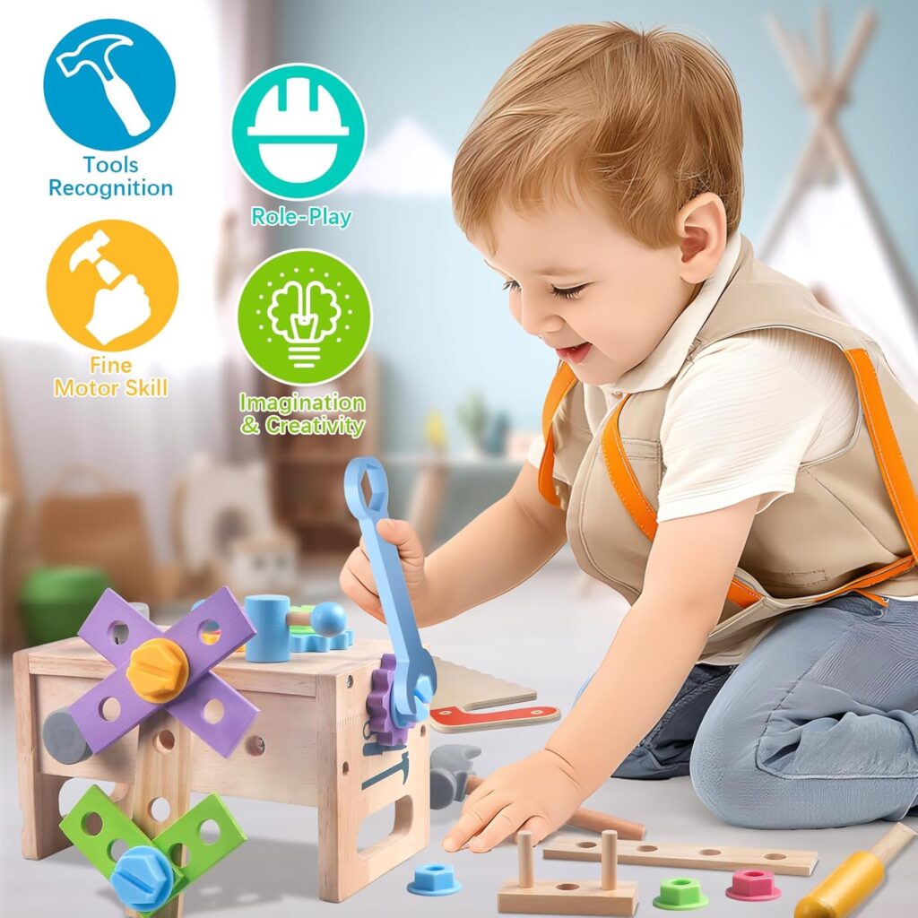 Aliex Wooden Kids Tool Set, Toys for 2 3 4 5 Year Old Boys Gifts, 29+1 PCS Montessori Tools Kit for Toddlers Kids