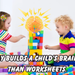 Two young children sitting on the floor and building a tall tower with colorful blocks, with a glowing brain illustration above the tower to symbolize learning and development. The text on the image reads “How Play Builds a Child’s Brain Faster Than Worksheets.”