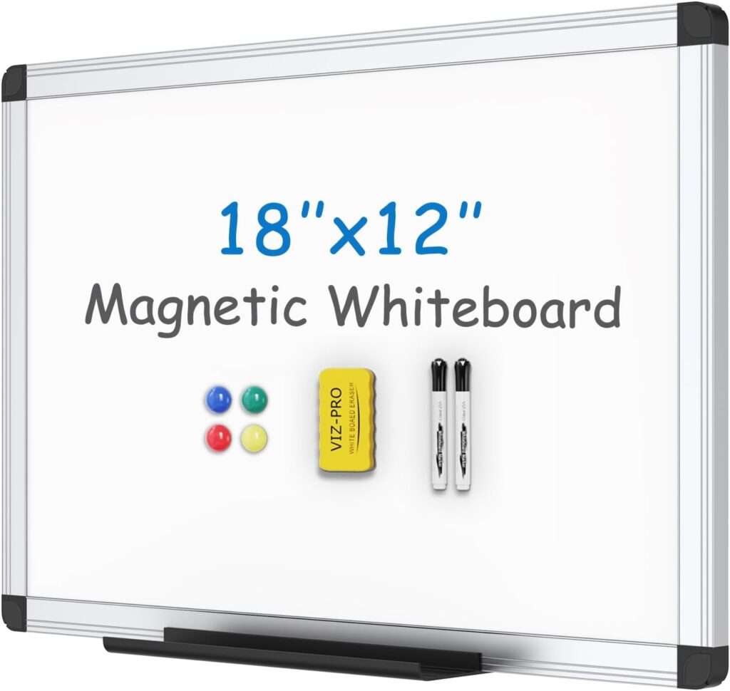 VIZ-PRO Small Magnetic Whiteboard for Wall 45 x 30 cm, Dry Erase White Board with 2 Markers, Pen Tray & Silver Aluminium Frame, Writing Board for School...
