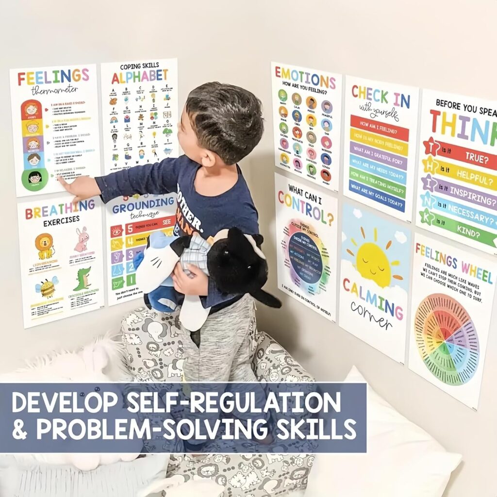 Xunzhi 12PCS Calming Corner Posters,Emotions & Feelings Chart Posters for K/ids,Emotional Regulation & Mental Health Posters,K/ids Feelings Wheel Chart Emotions Poster,Feelings Chart,Sensory Wall Art