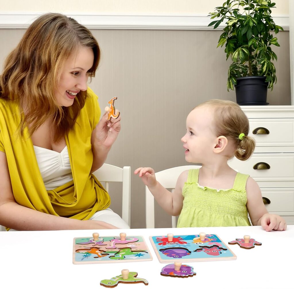 4 Set Wooden Puzzles for Kids 3-6 Year Olds, Chunky Child Puzzles Jigsaw Toys Farm Animals Friut Peg Puzzle, Wooden Toys Kid Fine Motor Skill Learning