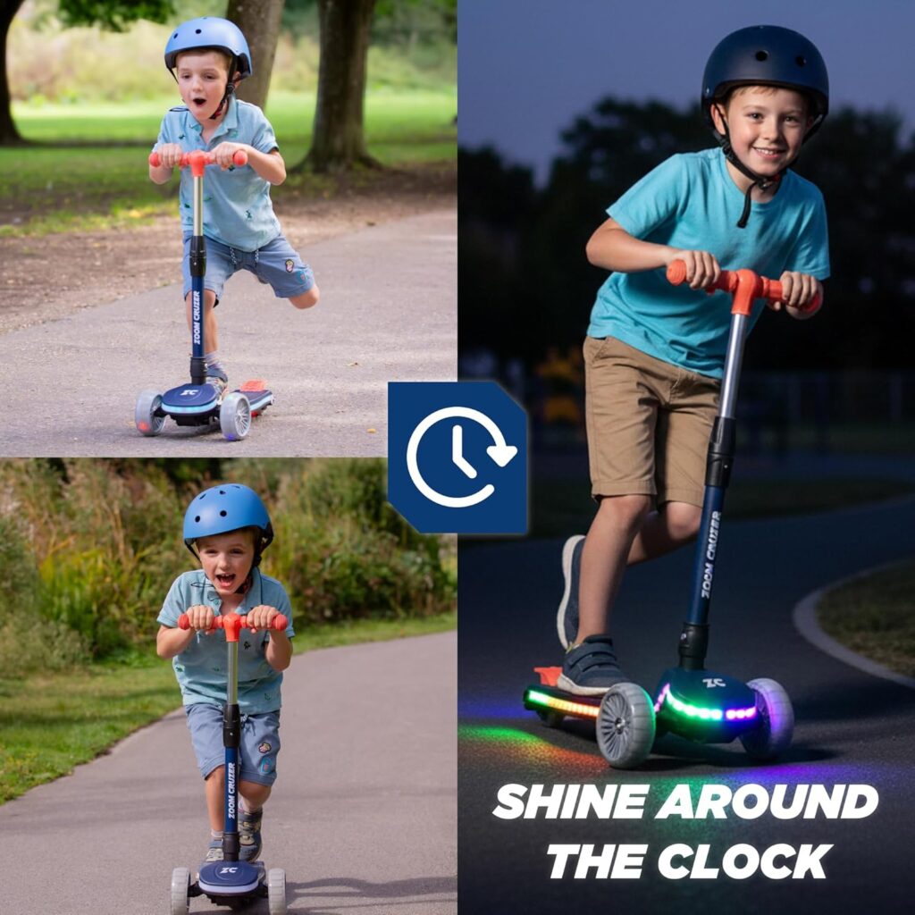 Zoom Cruzer Kids 3 Wheel Scooter - Big Wheels Light Up Scooter For Boys Age 4-8 - Height Adjustable Handlebars - Easy Foldable Design (Colour Blue)